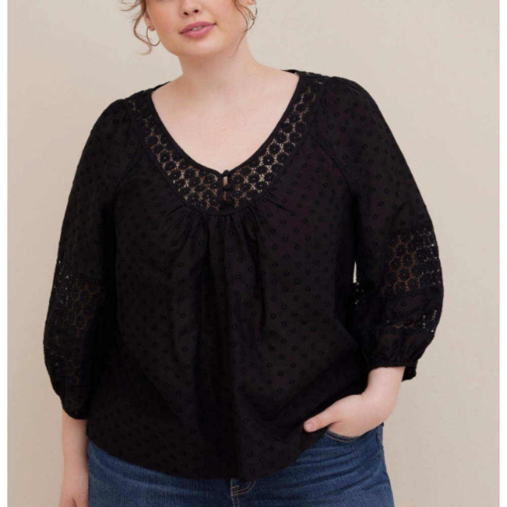 Torrid - Clip Dot Cotton Crochet Pullover Long Sleeve V-Neck Black Top - 2X